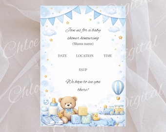 Editable Baby Shower Invitation Template l Blue Teddy Theme l  Digital Download