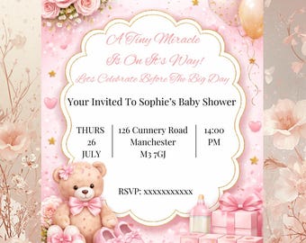 Pink Baby Shower Invitation Template, Girl Teddy Bear Invite Background (Digital Download)