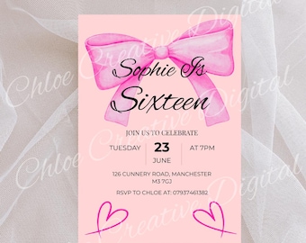 Pink Bow 16th Birthday Invitation Template, Canva template, Girls Sweet Sixteen Invite (Digital Download)