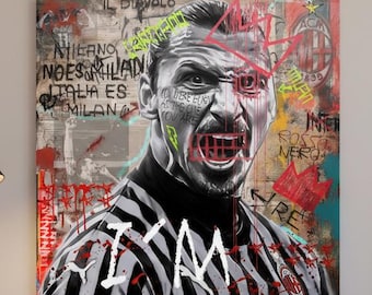 Sztuka graffiti Zlatana | Portret piłkarza, czerwony i neonowozielony