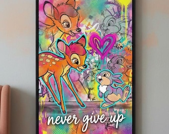 Bambi i Thumper – Pop Art Print – Kolorowa dekoracja ścienna „Nigdy się nie poddawaj”