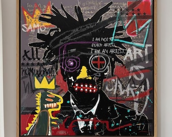 Sztuka graffiti inspirowana Basquiatem: Portret dinozaura, wydruk neoekspresjonistyczny