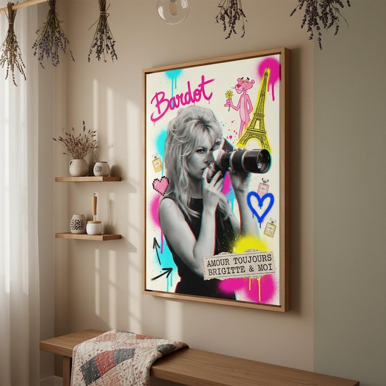 Brigitte Bardot Pop Art Print: Wieża Eiffla, Różowa Pantera, kolaż ścienny zdjęcie 2