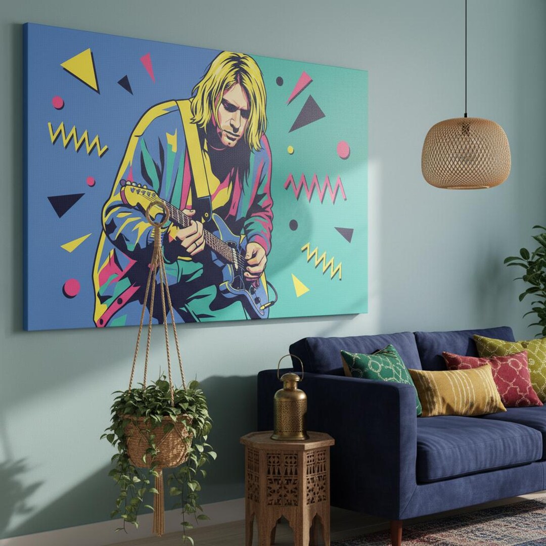 Pop Art Kurt Cobain Print, Retro Music Wall Art, Geometric Guitar ...