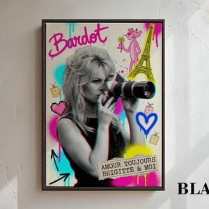 Brigitte Bardot Pop Art Print: Wieża Eiffla, Różowa Pantera, kolaż ścienny Canvas Frame - Black
