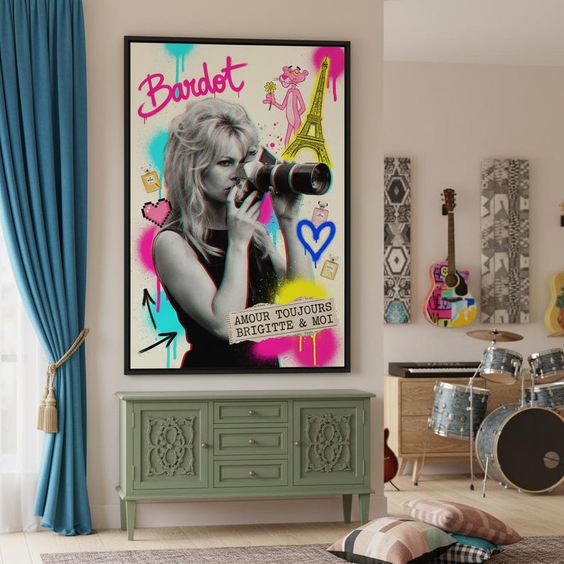 Brigitte Bardot Pop Art Print: Wieża Eiffla, Różowa Pantera, kolaż ścienny zdjęcie 1