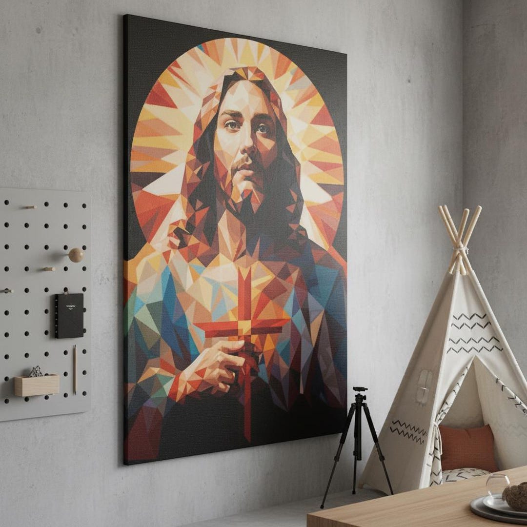 Jesus Geometric Geometric Jesus Portrait Canvas Art, Modern Religious Icon, Bold Colors ...