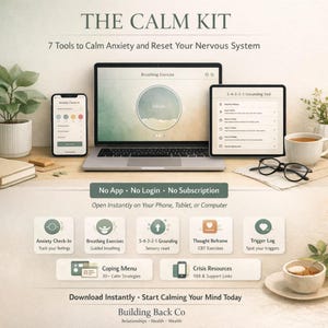 Zestaw uspokajający: zestaw narzędzi do radzenia sobie z lękiem i stresem, uziemienie, oddychanie, narzędzia CBT (wersja cyfrowa do pobrania)