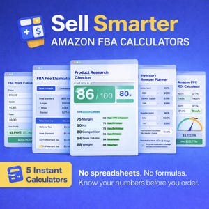 Könnte beinhalten: Werbung für Amazon FBA-Rechner. Das Bild zeigt mehrere Rechneroberflächen mit Datenvisualisierungen. Der Text enthält "Sell Smarter" und "Amazon FBA Calculators". Das Bild zeigt auch "5 Instant Calculators" und "No spreadsheets, No formulas."
