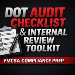 Op de afbeelding: Een zwart klembord met een checklist en een pen, met de tekst "DOT AUDIT CHECKLIST & INTERNAL REVIEW TOOLKIT" in wit en rood. De tekst "FMCSA COMPLIANCE PREP" staat onderaan.