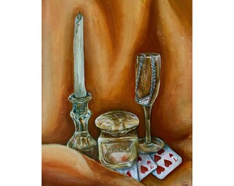 Yellow Diamond Original Painting Poster Print | Still Life Candle Champagne Glass Playing Cards Poster