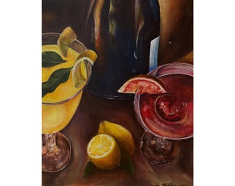 New Year's Eve Original Painting Poster Print | Lemon and Cocktail Still Life Satin Poster