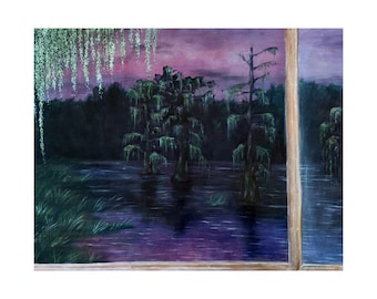 Lowcountry Oil Painting Poster Print | Moonlit Swamp Wall Art
