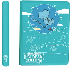 May include: A teal binder featuring a cartoon illustration of a blue creature within a blue circle, set against a landscape with other cartoon characters. The text "Scarlet & Violet Paldean Fates" is displayed below the illustration. The spine has the text "PAF SV 4.5".