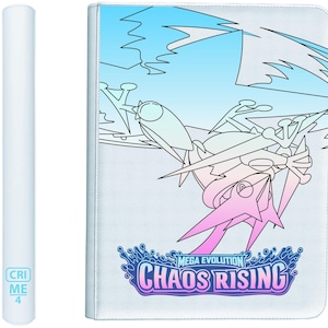 May include: White card binder with a colorful illustration of a creature with a blue and pink gradient background. The binder has the text "MEGA EVOLUTION CHAOS RISING". A white tube with the text "CRI ME 4" is on the left.