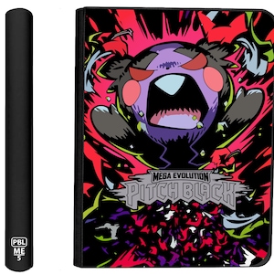 May include: A black binder featuring a vibrant graphic of a purple creature with pink cheeks and sharp teeth surrounded by red and black abstract shapes. The text MEGA EVOLUTION PITCH BLACK is printed in white and gray. The spine is black with PBL ME 5.