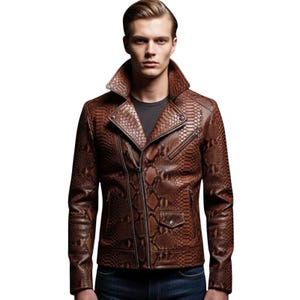 May include: Brown leather jacket with a snakeskin pattern. The jacket features a notched collar, an asymmetrical zipper closure, and multiple pockets. The jacket has a classic biker style with a tailored fit.