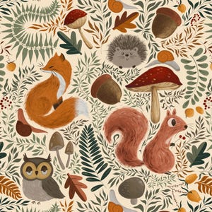 May include: A repeating pattern featuring a fox, a squirrel, an owl, and a hedgehog surrounded by various mushrooms, acorns, snails, and foliage in shades of orange, brown, green, and cream. The illustration depicts woodland animals and plants.