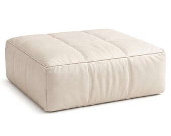 Weißer elfenbeinfarbener Leder-Ottomane/Pouf, großer Leder-Couchtisch-Pouf, handgefertigter Leder-Wohnzimmer-Pouf, Leder-Fußhocker/Ottomane (unbesetzt)