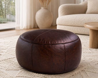 Pouf rotondo in pelle marocchina marrone scuro, ottomano in vera pelle color cioccolato, fatto a mano, tavolino da caffè, poggiapiedi, rustico, soggiorno, non imbottito