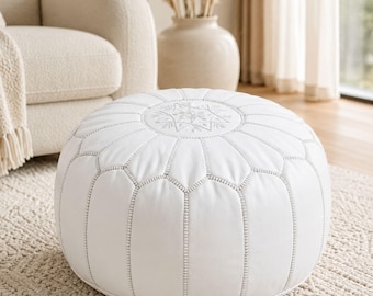 Pouf rotondo marocchino fatto a mano in pelle bianca, poggiapiedi in vera pelle, seduta da pavimento non imbottita