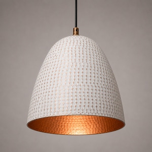 White Copper Pendant Light, Hammered Cone Lamp, Kitchen Island Lighting, Dining Room Fixture