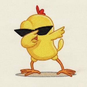 May include: Embroidered image of a yellow chick wearing black sunglasses, dabbing with its wing. The chick has a red comb and orange feet. The image is on a cream-coloured background.