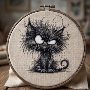 Knorrige zwarte kat kruissteekpatroon, grappige kitten borduurkaart (digitale download)