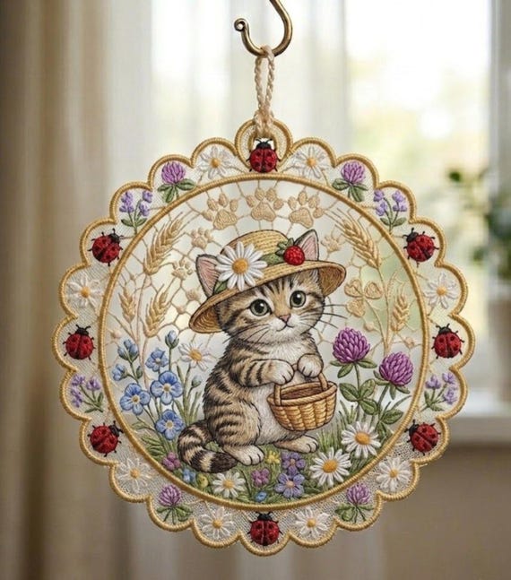 FSL Cat Embroidery Design, Cute Kitten with Basket Ornament, Cottagecore Cat Machine Embroidery File, Lace Ladybug Floral PES DST