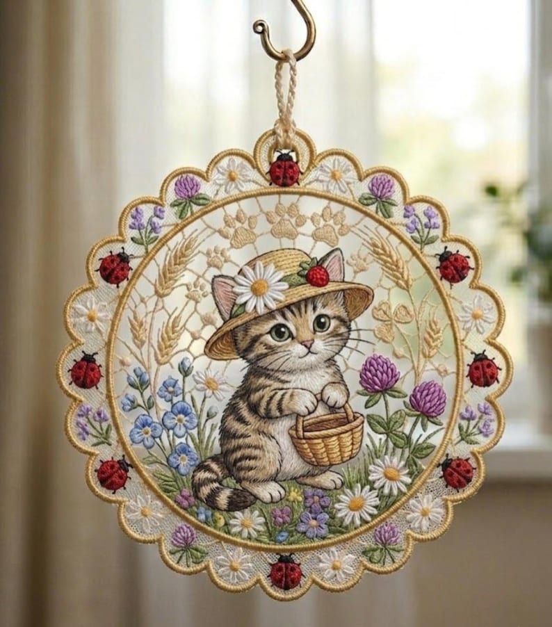 May include: Embroidered round wall hanging featuring a tabby kitten wearing a straw hat with a daisy and strawberry. The kitten holds a basket amidst flowers and ladybugs. The design includes wheat stalks and paw prints.