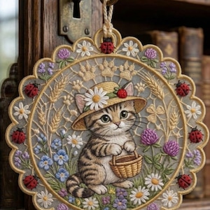 May include: Embroidered round wall hanging featuring a tabby kitten wearing a straw hat and holding a basket, surrounded by flowers and ladybugs. The design includes wheat stalks, daisies, and paw prints, with a scalloped edge.