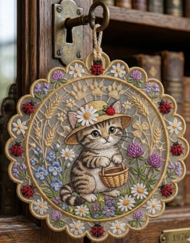 May include: Embroidered round wall hanging featuring a tabby kitten wearing a straw hat and holding a basket, surrounded by flowers and ladybugs. The design includes wheat stalks, daisies, and paw prints, with a scalloped edge.