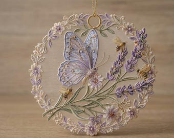 Butterfly Lace Ornament – Spring Embroidery Design, Lavender Flower Pattern (Digital Download).