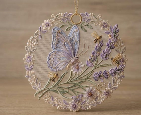 Butterfly Lace Ornament – Spring Embroidery Design, Lavender Flower Pattern (Digital Download).