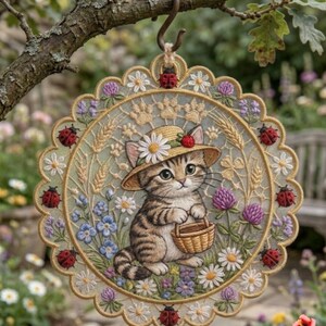May include: A round, decorative hanging plaque featuring a tabby kitten wearing a straw hat with a daisy and strawberry. The kitten holds a basket in a garden scene with flowers, wheat, and ladybugs. The plaque is scalloped and has a metal hook.