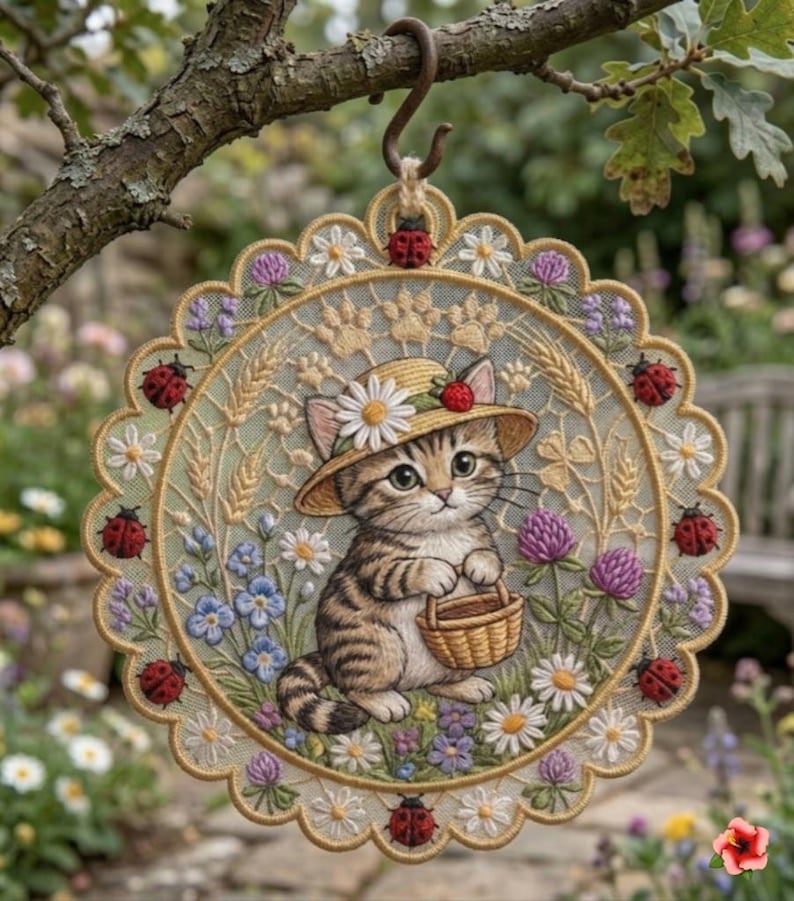 May include: A round, decorative hanging plaque featuring a tabby kitten wearing a straw hat with a daisy and strawberry. The kitten holds a basket in a garden scene with flowers, wheat, and ladybugs. The plaque is scalloped and has a metal hook.