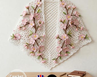Mönster för virkad sjal med persikoblomma - Vit diamantmönster i nät - 3D-blomapplikation PDF - Virkning med körsbärsblommor