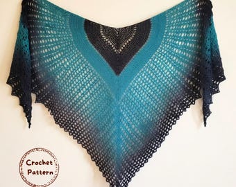 Mermaid Ombre Triangle Shawl Crochet Pattern – Teal Gradient Lace Wrap, Ocean Inspired Mesh, Boho Beach Shawl