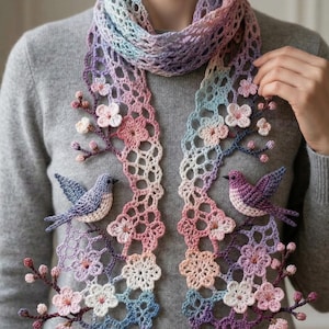 Peut inclure: Écharpe crochetée aux couleurs pastel, avec un dégradé de bleus, de roses et de violets. L'écharpe est ornée de fleurs et de branches crochetées, ainsi que de deux petits oiseaux crochetés. Le design ajouré ajoute une touche délicate à cet accessoire fait main.