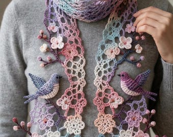 Crochet Pattern PDF - Sakura & Songbird Skinny Scarf - Thin Floral Lace Wrap - Cherry Blossom Bird Applique - Detailed Crotchet Pattern