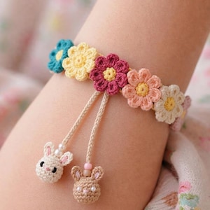 Crochet Floral Daisy Bracelet Pattern,Cottontail Bloom Flower Bracelet Gift Idea, Amigurumi Bunny Jewelry Pattern,DIY Crochet Flower +2bonus
