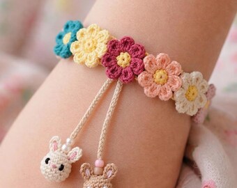 Modello per braccialetto all'uncinetto con margherite floreali, idea regalo per braccialetto con fiore di cotone, modello per gioielli amigurumi con coniglietto, fiore all'uncinetto fai da te +2 bonus