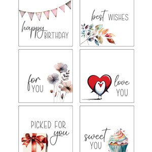 Puede incluir: Una colecci&oacute;n de seis tarjetas cuadradas con dise&ntilde;os de acuarela y texto. Las tarjetas presentan frases como "Feliz Cumplea&ntilde;os", "Mejores Deseos" y "Te amo". Cada tarjeta tiene un dise&ntilde;o &uacute;nico, incluyendo una caja de regalo, una magdalena y elementos florales.