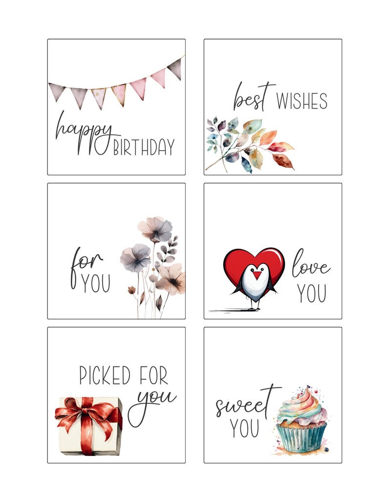 Puede incluir: Una colecci&oacute;n de seis tarjetas cuadradas con dise&ntilde;os de acuarela y texto. Las tarjetas presentan frases como "Feliz Cumplea&ntilde;os", "Mejores Deseos" y "Te amo". Cada tarjeta tiene un dise&ntilde;o &uacute;nico, incluyendo una caja de regalo, una magdalena y elementos florales.