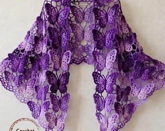 Amethistkleurige Monarchvlindersjaal, gehaakte vlinder, haakpatroon voor een sjaal, paarse ombre kanten sjaal, unieke haakpatronen
