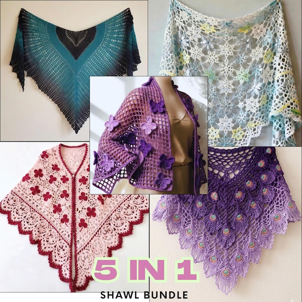 5 in 1 Crochet Shawl Pattern Bundle | Butterfly Shawl, crochet butterfly, shawl crochet pattern, Triangle Scarf butterfly wing shawl