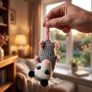 Puede incluir: Un juguete de zarigüeya hecho a mano con ganchillo, sostenido por una mano. La zarigüeya es gris con patas rosas y cola rosa. La cara es blanca con orejas y ojos negros. El fondo es una habitación suavemente iluminada con una ventana.