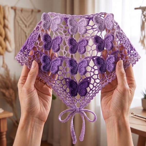 Crochet Butterfly Bandana Pattern PDF, Amethyst Monarch Lace Kerchief, Boho Hair Accessory, DIY 3D Butterfly Headwrap Tutorial