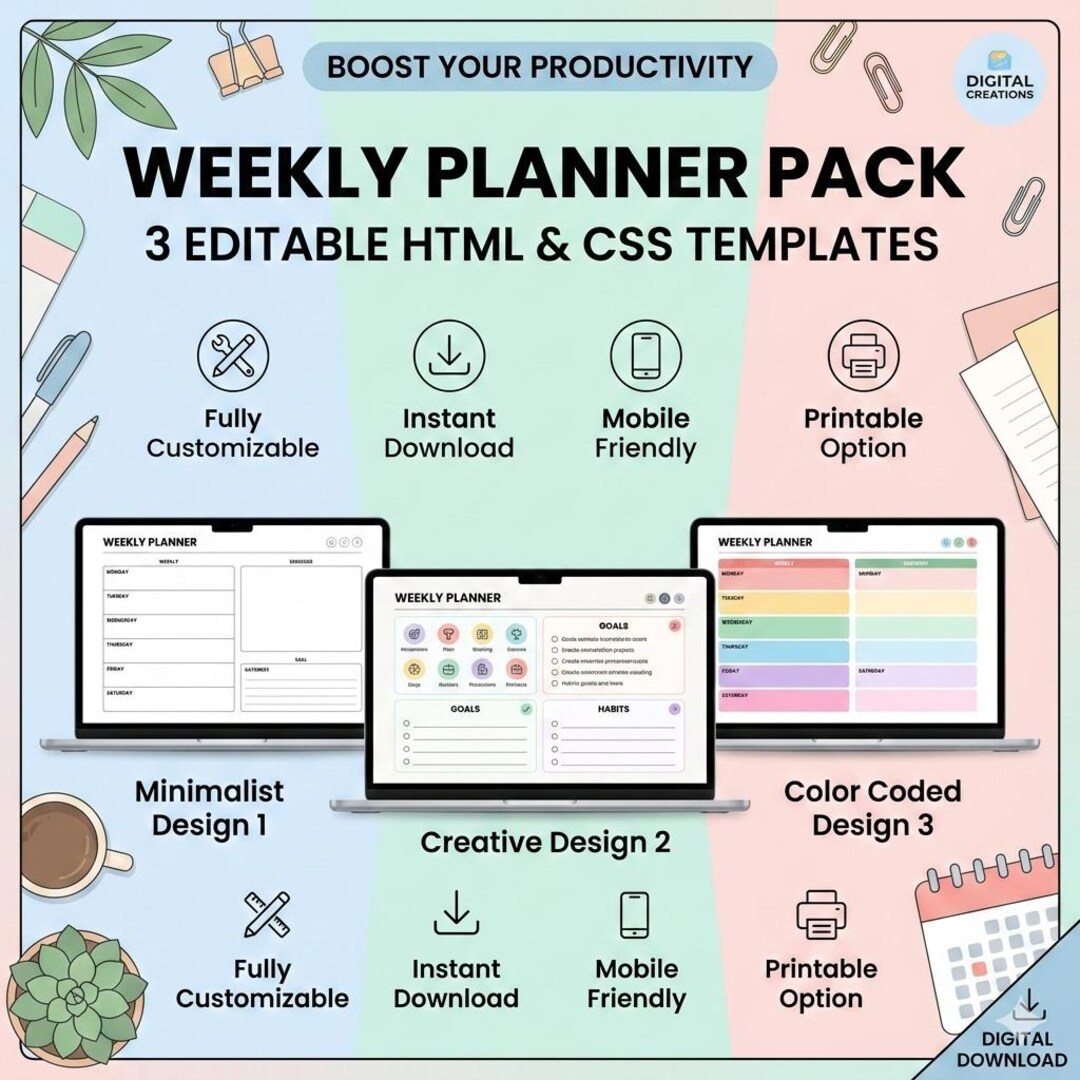 Weekly Planner Pack – 3 Editable HTML & CSS Templates | Digital ...