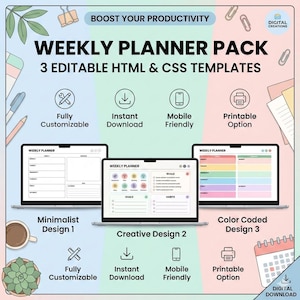 Può includere: Immagine promozionale per un pacchetto di pianificatore settimanale. L'immagine presenta tre schermi di laptop che mostrano diversi design di pianificatori: minimalista, creativo e con codice colore. Il testo include "Weekly Planner Pack".